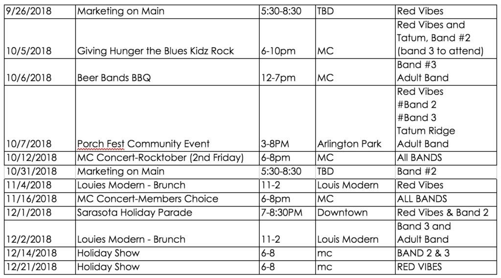 Band Calendar Music Compound Sarasota