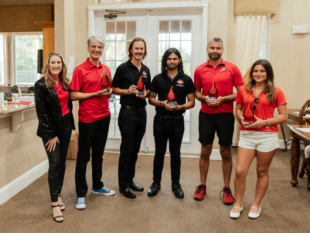 Music Compound owner Jenny Townsend (left) with MCA-winners (from l-r) Iain Harris, Taylor Galford, David Reyes, Cody VanSlyke and Lohen Bisaha